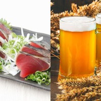 かつおの藁焼きタタキとビールを並べている画像