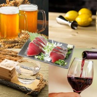 ビール・ハイボール・日本酒・ワインとかつおが並んでいる画像