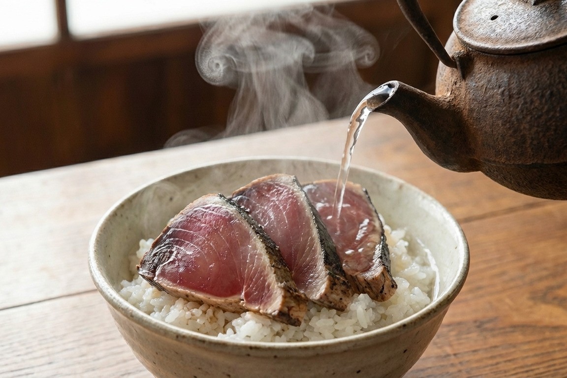 白米のうえにタタキがのっていて、その上からお湯をかけている様子。かつおの湯かけの作り方。