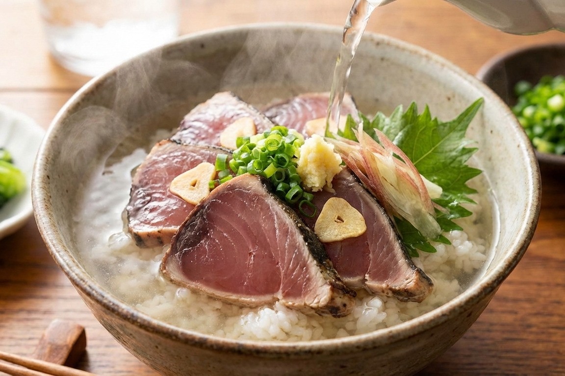 かつおの湯かけに薬味を加えてアレンジしている様子。