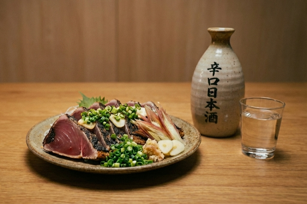 かつおの藁焼きタタキと辛口の日本酒が並んでいる様子